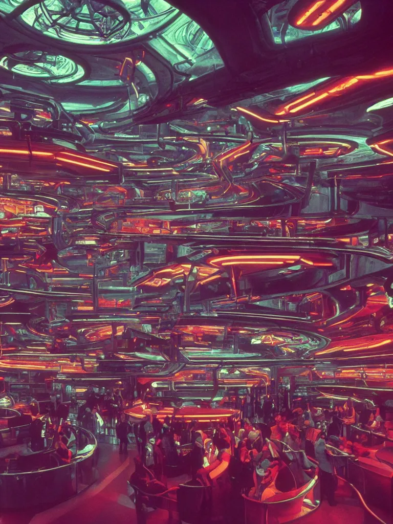 Prompt: kodachrome photo of futuristic interior of a busy spaceport on an alien world, neon lighting and spotlights, intricate film still by stanley kubrick. very coherent symmetrical photograph. cinematic, hyperrealistic, high detail