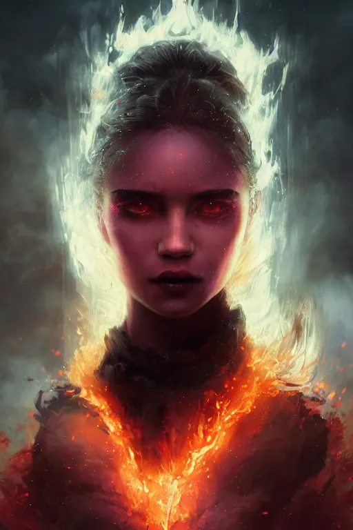 Image similar to a beautiful portrait of a young Demon women covered in deep purple flames with an intense look on her face by Greg Rutkowski, Sung Choi, Mitchell Mohrhauser, Maciej Kuciara, Johnson Ting, Maxim Verehin, Peter Konig, Bloodborne , 8k photorealistic, cinematic lighting, HD, high details, atmospheric , trending on artstation