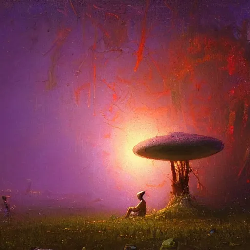 Prompt: a lovely picture of a mycelium alien by john berkey, by george inness, by john harris, purple and red and white gradient colour theme, trending on deviantart, rendered in blender, 8 k resolution