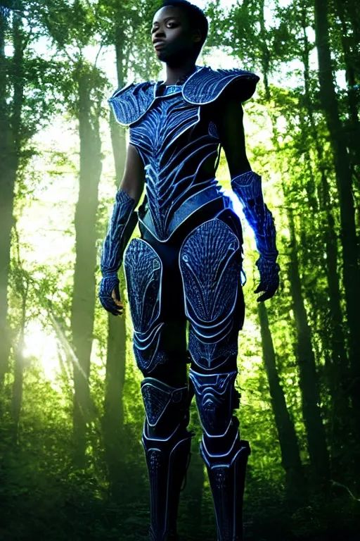 Image similar to hyperrealistic mithra gorgeous black woman intricate exoskeleton bone armor in a forest sun behind her concept art eric zener elson peter cinematic blue light low angle hd 8k sharp shallow depth of field