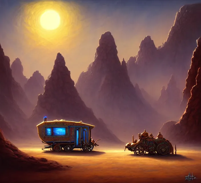 Image similar to subsurface scattering, a desert caravan rests at the blue oasis, the art of athas and dark sun, brom's dark sun art on a 7 0's style fantasy novel cover, digital painting by brom, amazingly detailed d & d art, concept art, intricate details, beautiful, volumetric lighting, ultrarealistic, cgsociety, square enix cinematic art