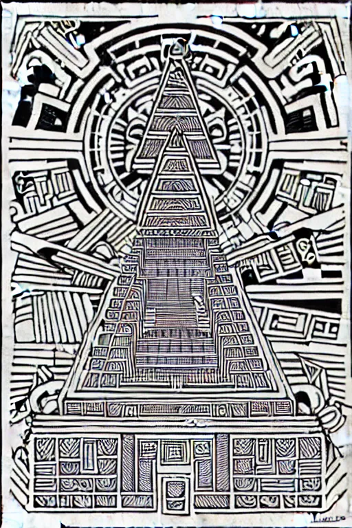 Image similar to a black and white drawing of an ancient future mayan temple mandala cityscape, a detailed mixed media collage by hiroki tsukuda and eduardo paolozzi and moebius, intricate linework, sketchbook psychedelic doodle comic drawing, geometric, street art, polycount, deconstructivism, matte drawing, academic art, constructivism