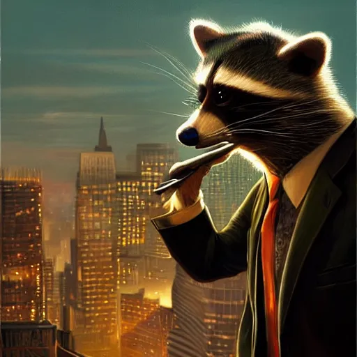 Image similar to a racoon wearing a suit smoking a cigar on his mouth, dramatic lighting, cinematic, establishing shot, extremly high detail, photorealistic, cinematic lighting, artstation, style by James Gurney