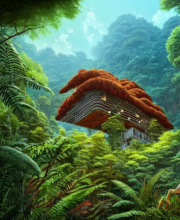 Prompt: an enormous cabin exterior, overgrown with exotic fungus, overgrown with huge ferns, cliff side, noon, sun drenched, partly cloudy, by dan mumford, yusuke murata, makoto shinkai, ross tran, cinematic, unreal engine, cel shaded, featured on artstation, pixiv