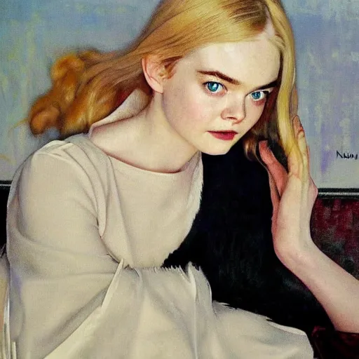 Prompt: Elle Fanning at night, stormy weather, extremely detailed masterpiece, oil on canvas, Roger Deakin’s cinematography, by Norman Rockwell and Peter Reubens,