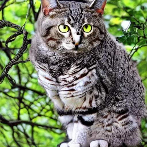 Image similar to cat and owl hybrid perched on a tree