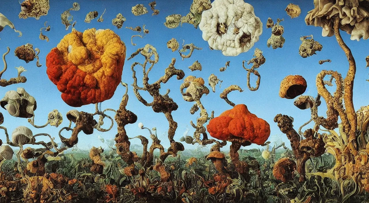 Image similar to a single colorful! ( lovecraftian ) fungus white! clear empty sky, a high contrast!! ultradetailed photorealistic painting by jan van eyck, audubon, rene magritte, agnes pelton, max ernst, walton ford, andreas achenbach, ernst haeckel, hard lighting, masterpiece