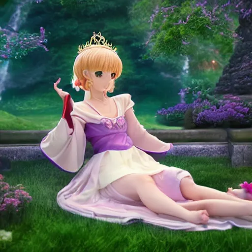 Image similar to a pleasant, beautiful, funny, smooth 3D CG render, semirealistic anime style, a noble priestess magician princess girl wearing dress and jewelry, in a glorious magic kingdom, relaxing calm vibes, fairytale