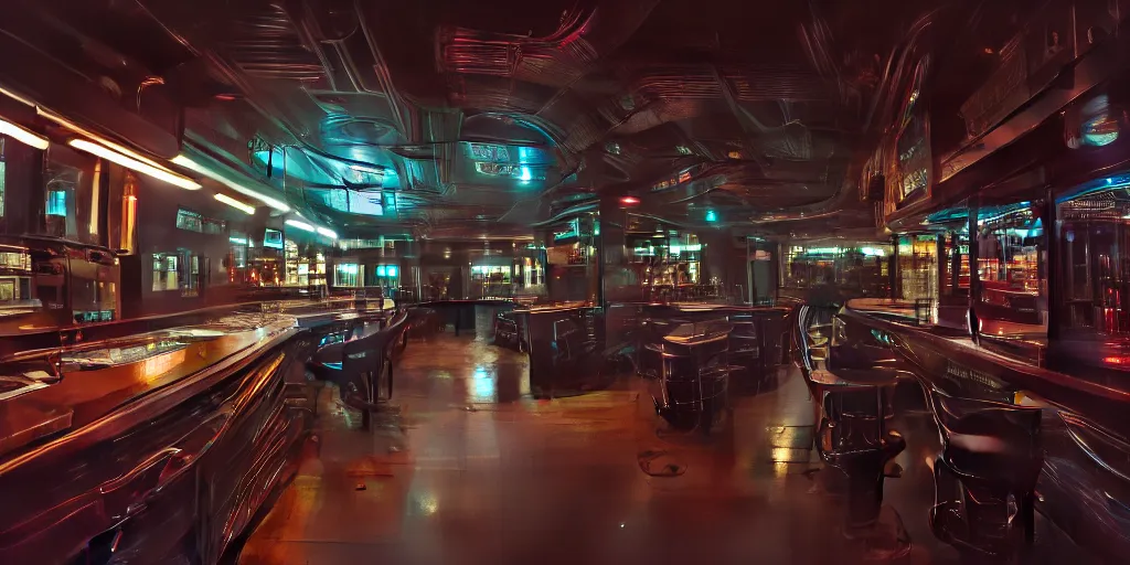 Image similar to highly detailed photorealistic cyberpunk interior, cinematic light, sci fi, glossy, cybernetic, bar, posters, futuristic decor, trending on artstation, ultra realistic concept art, illustration, octane render, 4 k, hd, high quality