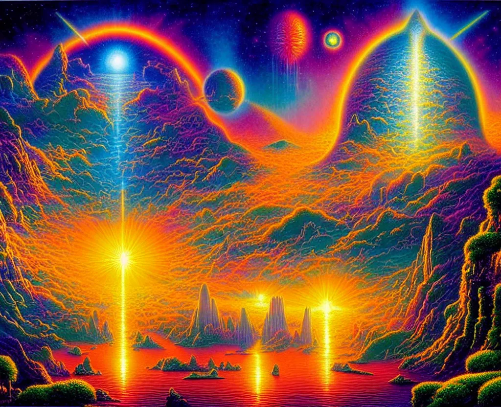 Prompt: a photorealistic detailed image of a beautiful vibrant iridescent future for human evolution, spiritual science, divinity, utopian, gateway to eternity, afterlife, by david a. hardy, kinkade, lisa frank, wpa, public works mural, socialist