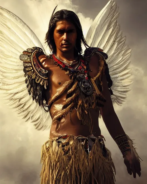 Prompt: a south american indigenous warrior with angelic wings, by tsuyoshi nagano, by greg rutkowski, dramatic lighting, blood, god rays, angelical, symmetrical, intricate, detailed, cinematic, masterpiece, extreme details, ray tracing