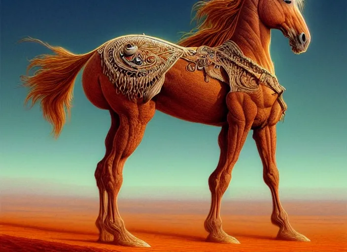 Image similar to horse standing in desert, intricate, elegant, highly detailed animal monster, digital painting, artstation, concept art, smooth, sharp focus, illustration, art by artgerm, bob eggleton, michael whelan, stephen hickman, richard corben, wayne barlowe, trending on artstation and greg rutkowski and alphonse mucha, 8 k