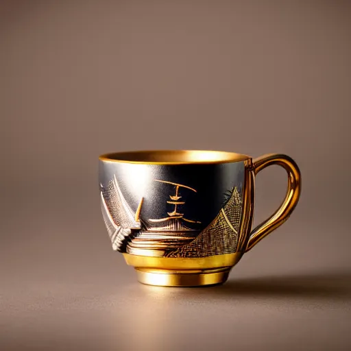 Image similar to astonishing japanese tea cup with amazing artwork of temples and yin and yang on the side, product shoot, studio lighting