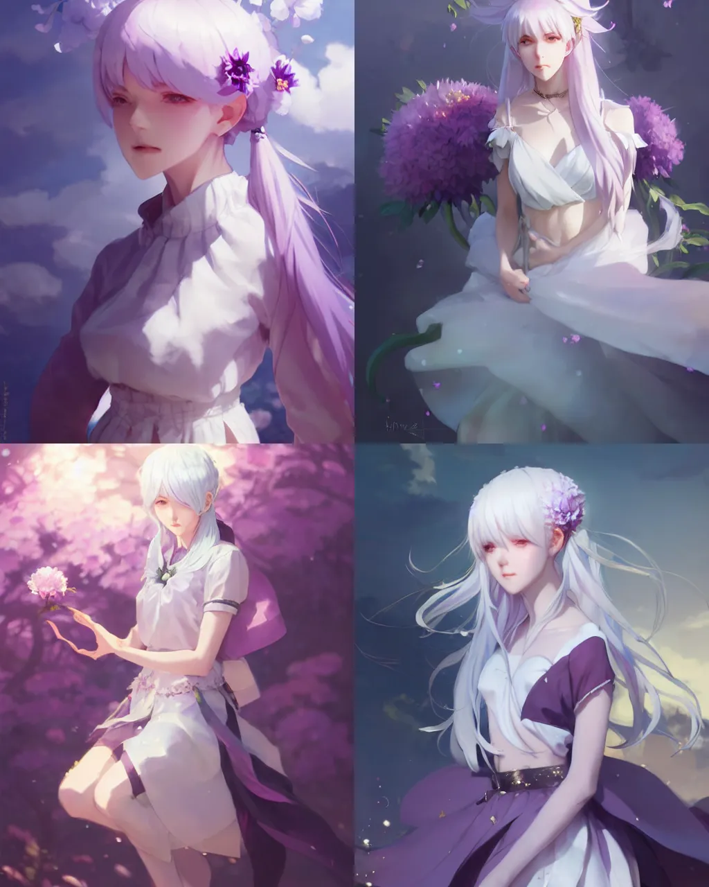 Prompt: a girl with white hair and purple skirt, flower decoration on the background, a beautiful half body illustration, top lighting, perfect shadow, soft painting, art by hidari and krenz cushart and wenjun lin