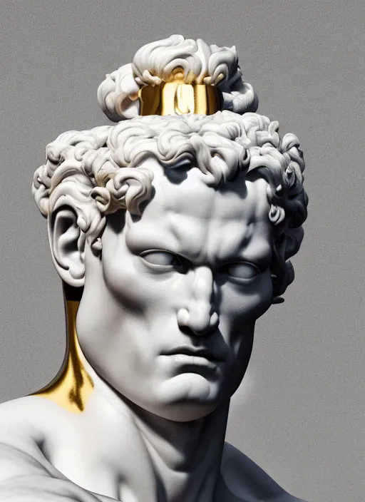 Image similar to a bloody statue made of white marble of hercules, perfect symmetrical body, perfect symmetrical face, hyper realistic, hyper detailed, by johannen voss, by michelangelo, octane render, blender, 8 k, stylized gold and black