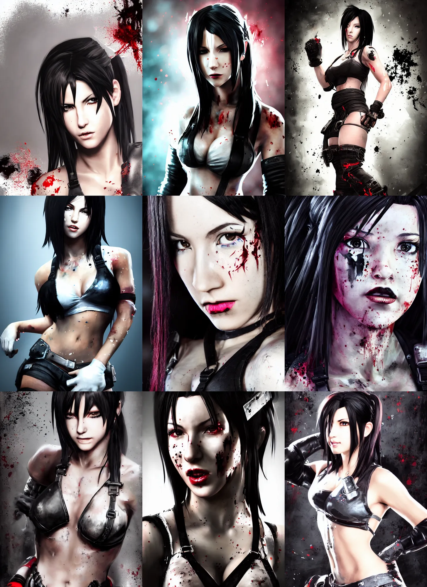 Prompt: a photorealistic splatterpunk portrait of a gorgeous Tifa Lockhart with shadowy eyes, with black glossy lips, hyperrealistic, award-winning, 8k, in the style of Ross Tran
