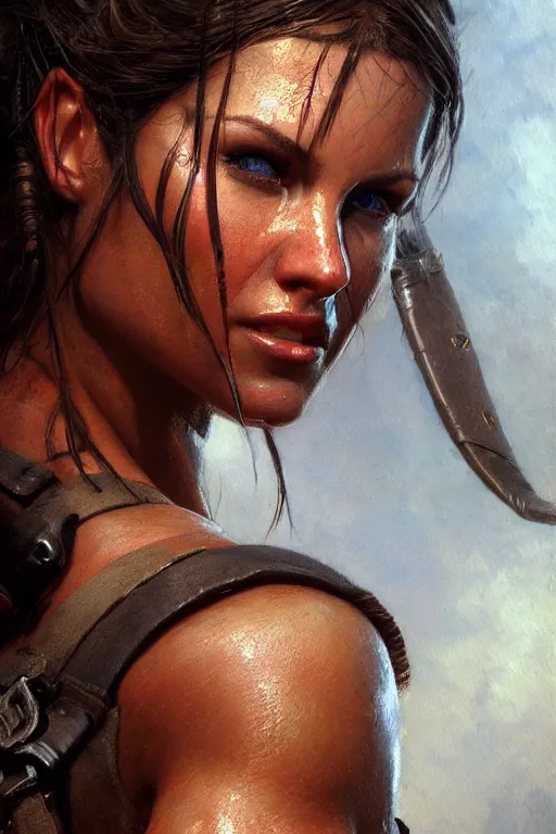 Image similar to muscular sweat lara croft, face close up, highly detailed painting by gaston bussiere, craig mullins, j. c. leyendecker 8 k