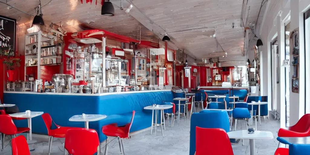 Image similar to cafe interior, blue and red tones