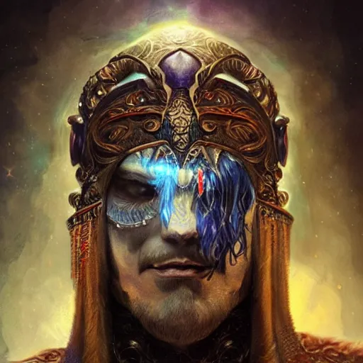 Image similar to an Artstation 3d render of Very very very very highly detailed beautiful mystic head of a phantom warrior with galaxy, tattoos by Anton Pieck, intricate, extremely detailed, digital painting, artstation, concept art, smooth, sharp focus, illustration, intimidating lighting, incredible art,