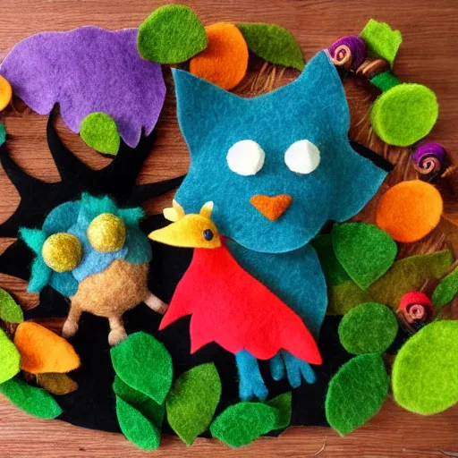 Prompt: two fantasy creatures, made of felt and cloth and beads, in a lush magical forest, handcrafted, stop motion art