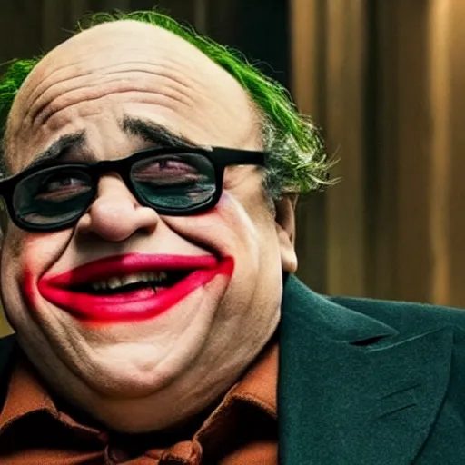 Prompt: Danny Devito as the joker movie still, hyper realistic