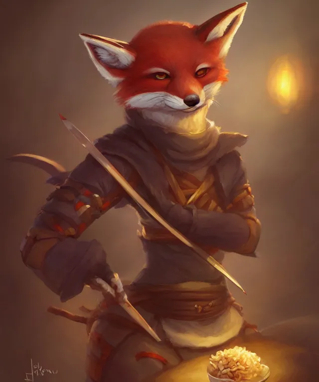 Image similar to a portrait of an anthropomorphic ninja fox eating a rice ball, ninja outfit, landscape background, cute and adorable, dnd character art portrait, well rendered matte fantasy painting, deviantart artstation, by jason felix by steve argyle by tyler jacobson by peter mohrbacher, cinematic lighting