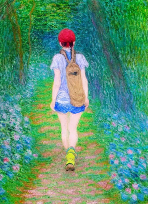 Image similar to an extremely cute girl hiking in a forest, very anime, trending artwork, 4 k, anime painter studio, an impressionist style by claude monet