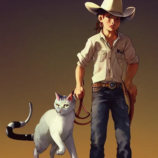 Image similar to a cowboy cat with a cowboy hat, Russian blue cat. By Makoto Shinkai, Stanley Artgerm Lau, WLOP, Rossdraws, James Jean, Andrei Riabovitchev, Marc Simonetti, krenz cushart, Sakimichan, trending on ArtStation, digital art.