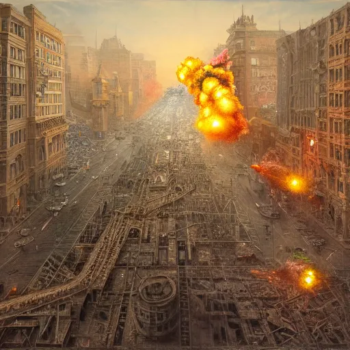 Prompt: singular nuclear blast in the center of a city, extreme realism, huge explosion, massive destruction, extremely detailed digital painting, highly detailed, 1 9 2 0's colored pencil art style, deep aesthetic, 8 k, highly ornate intricate details, cinematic lighting, rich colors, digital artwork, ray tracing, hyperrealistic, photorealistic, cinematic landscape, trending on artstation,