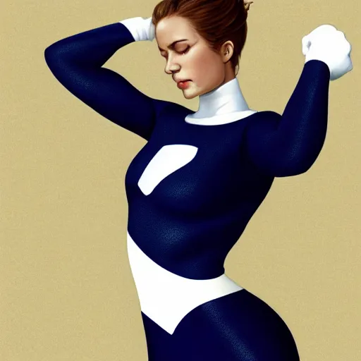 Image similar to a beautiful cartoon still portrait of a young woman superhero wearing a tight navy blue lycra suit with a white cape white cowl white shoulders, 4 k oil on linen by wlop, artgerm, andrei riabovitchev, nuri iyem, james gurney, james jean, greg rutkowski, highly detailed, soft lighting 8 k resolution