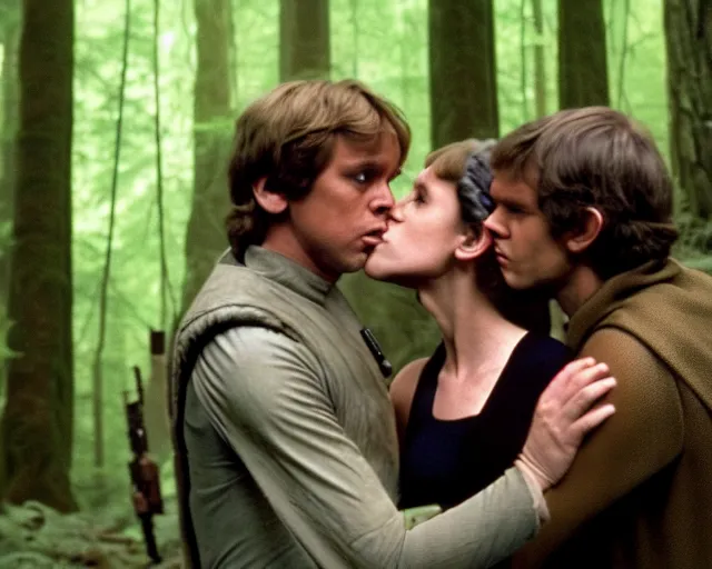 Image similar to luke skywalker, princess leia and han solo hugging and kissing in the forest of endor in a modern remake of return of the jedi