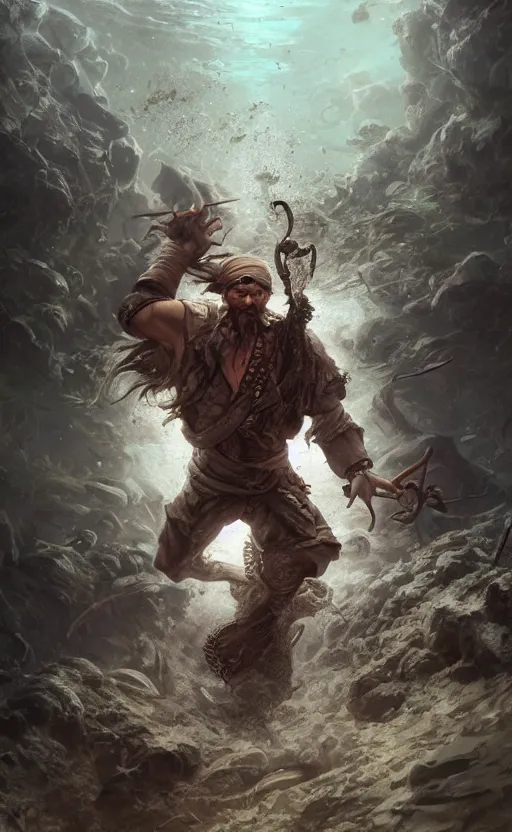 Prompt: full body of pirate finding an ancient trasure underwater, symmetrical face features, front game card, drark, marvel comics, dark, intricate, highly detailed, smooth, artstation, digital illustration by ruan jia and mandy jurgens and artgerm and wayne barlowe and greg rutkowski and zdislav beksinski