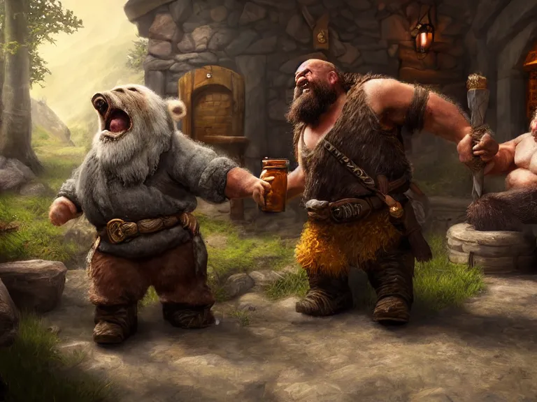 Image similar to Drunk Dwarf fights Bear Companion at a Tavern, RPG Portrait Full Body, Oil Painting, Trending on Artstation, octane render, Insanely Detailed, 8k, HD