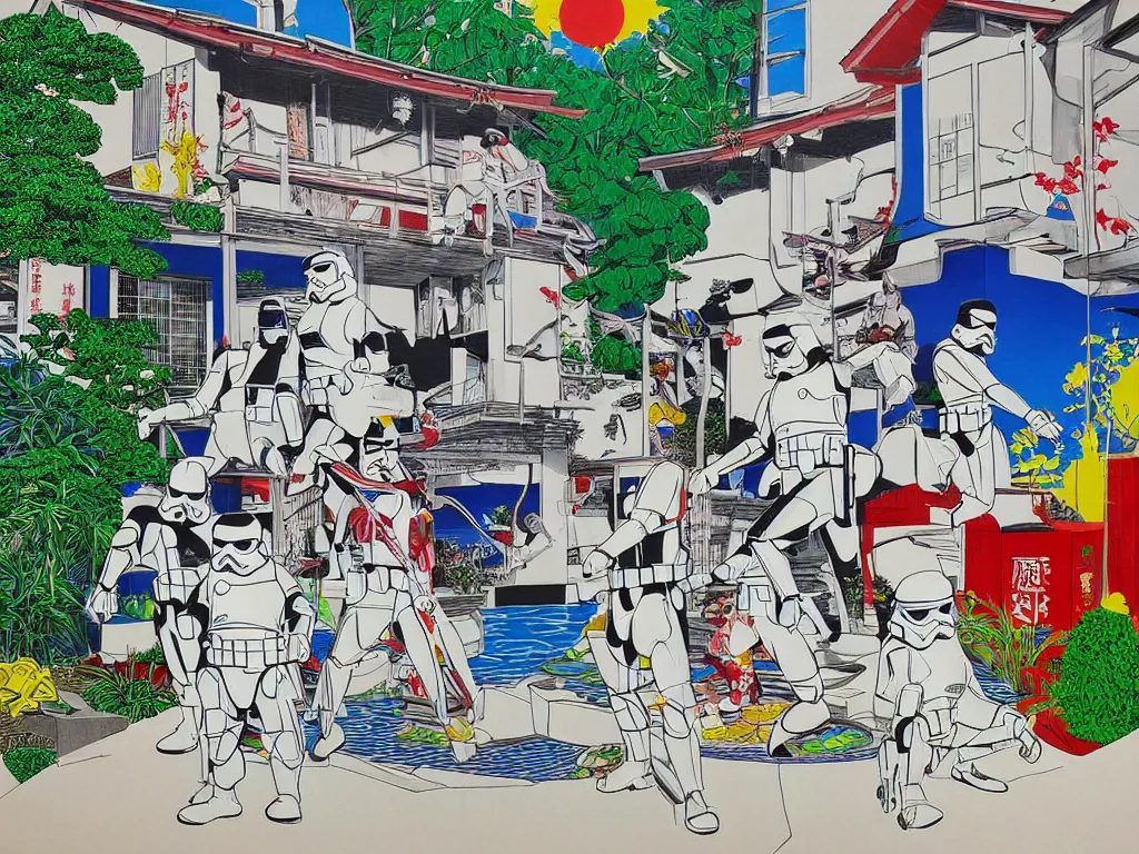 Image similar to hyperrealism composition of the japanese house with a hot springs in the garden, detailed stormtrooper in hot springs, pop - art style, jacky tsai style, andy warhol style, roy lichtenstein style, acrylic on canvas