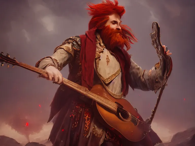 Prompt: Musical Red Headed Slender Male Bard looking Fantastical, RPG Character Reference, Oil Painting, Trending on Artstation, octane render, Insanely Detailed, 8k, HD