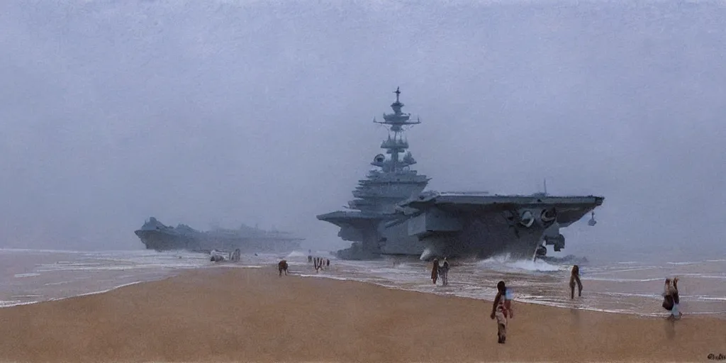 Image similar to on a foggy morning, a huge aircraft carrier was stranded on the beach, by craig mullins