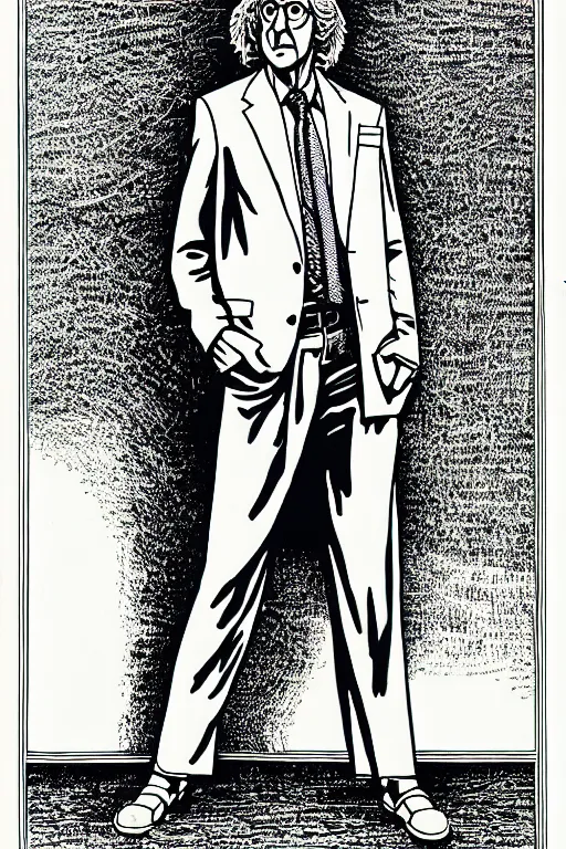 Prompt: larry david as god, full body, pen - and - ink illustration, etching, by russ nicholson, david a trampier, larry elmore, 1 9 8 1, hq scan, intricate details, stylized border