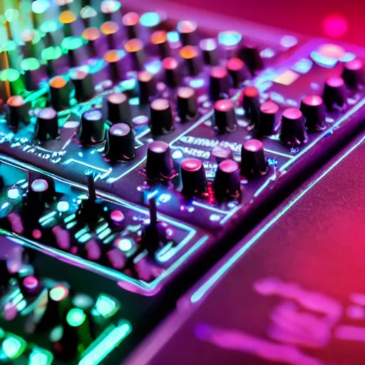 Image similar to high quality hd macro photo of the new woogyploog synthesizer, utilizing state of the art neural laserbeam synthesis, product shot, crisp defined edges, knobs and dials, 4k photo, promo image, bokeh