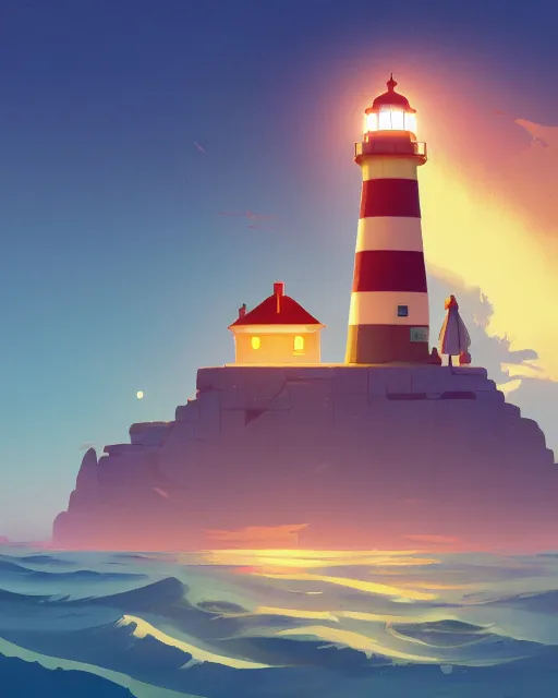Prompt: painting of lighthouse in the sea by cory loftis, james gilleard, goro fujita, makoto shinkai, simon stalenhag, atey ghailan, makoto shinkai, goro fujita, studio ghibli, rim light, exquisite lighting, clear focus, very coherent, plain background, soft painting