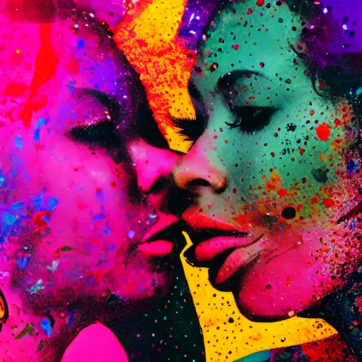 Image similar to double exposure of two women kissing ( closeup ) and a trippy painting, lomography. this photograph is subsequently printed out and splattered with paint. mixed media collage art with magazines and found art