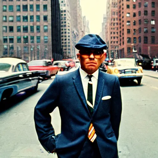 Image similar to portrait of a man in a suit in the streets of new york, 1 9 6 0 s, photo taken with ektachrome, featured on flickr, photographed on expired film