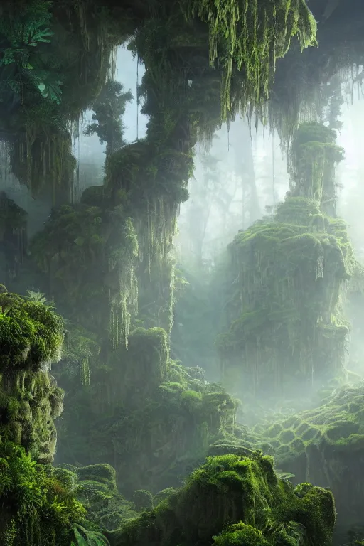 Prompt: ancient fractal temple megastructure in the hanging gardens of a radiant forest jungle, overgrown garden, scanned earth terrain fractal bridges, highly detailed erosion algorithm landscape, by albert bierdstat, by glenn small, high resolution, 8 k photorealism, god rays in volumes of fog, looking up perspective, unreal engine, octane render, realistic render