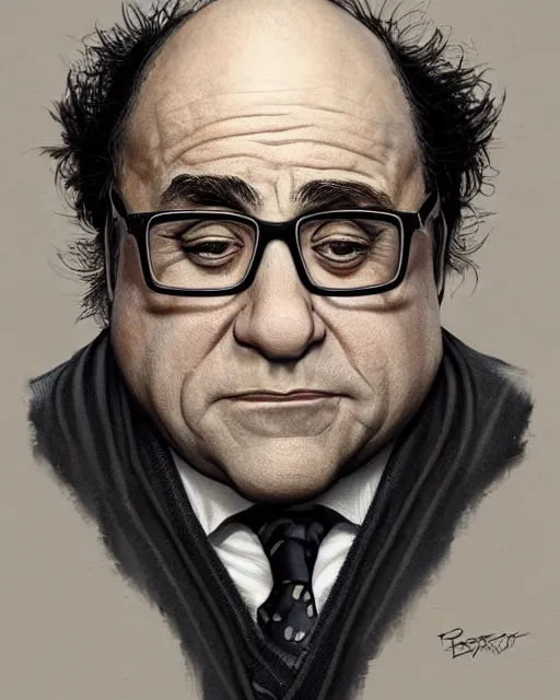 Image similar to character portrait of danny devito, intricate, wild, highly detailed, digital painting, artstation, upper body, concept art, smooth, sharp focus, illustration, art by artgerm and greg rutkowski and alphonse mucha