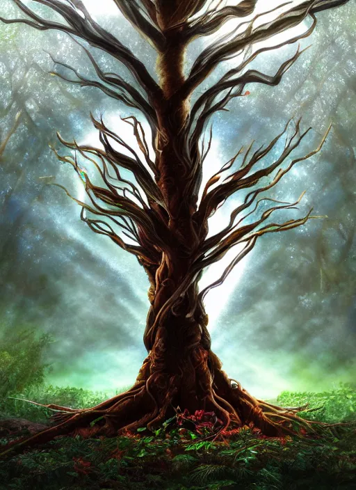 Prompt: a beautiful painted ayahuma tree with dark roots and white light in the branches, god rays, shamanism, matte painting, fantasy art, ayahuasca