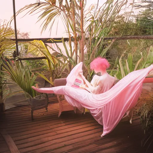 Image similar to cinematic photo of a beautiful albino axolotl woman lit with saturated split colour yellow and dusty pink lighting reading a roberto bolano novel on the deck