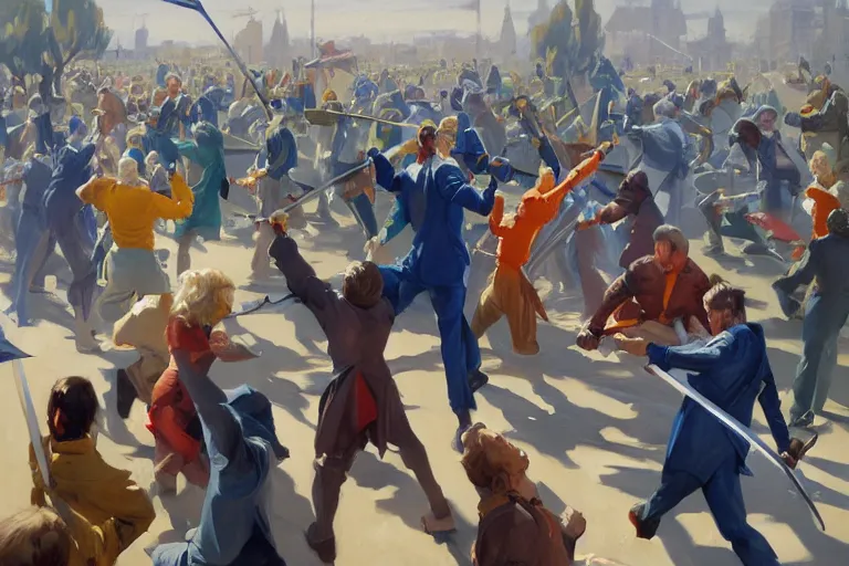 Prompt: greg manchess painting of a crowd throwing swords at a blond man in a blue suit, organic painting, sunny day, matte painting, bold shapes, hard edges, street art, trending on artstation, by huang guangjian, gil elvgren, ruan jia, randy vargas, greg rutkowski