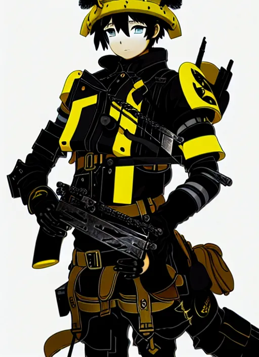 Image similar to anime portrait of a vicious helldiver scout soldier, black armor with yellow accents, full body illustration, head to toe, ilya kuvshinov, anime, pixiv top monthly, trending on artstation, cinematic, danbooru, zerochan art, kyoto animation