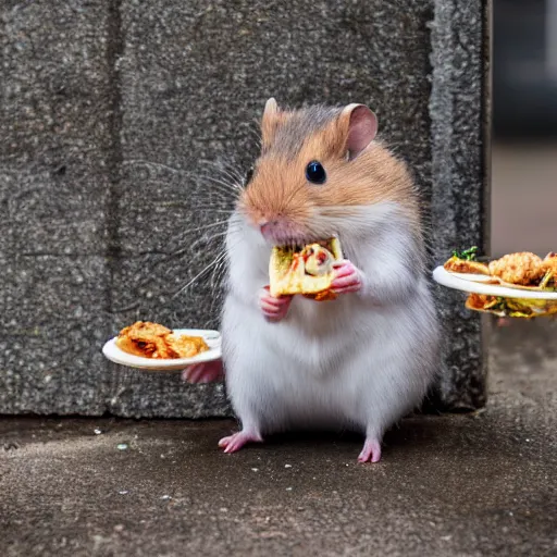 Image similar to detailed photo of a hamster eating a kebab, outdoors, various poses, full body, unedited, daylight, 8 k