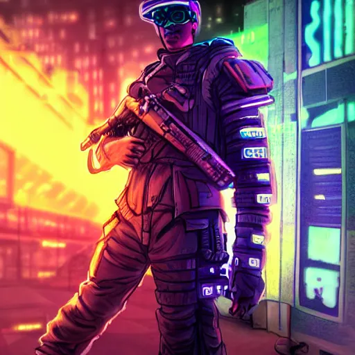 Prompt: a cyberpunk soldier, neon art