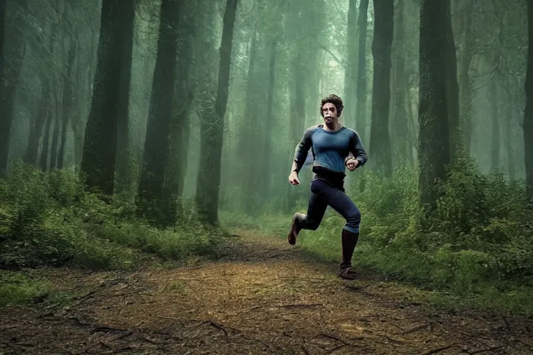 Image similar to still from a fantasy movie, a man running through the forest, muted colors, motion blue, action, 8 k, cinematic, very detailed face, hyperrealistic, movie still frame, promotional image, imax 7 0 mm footage